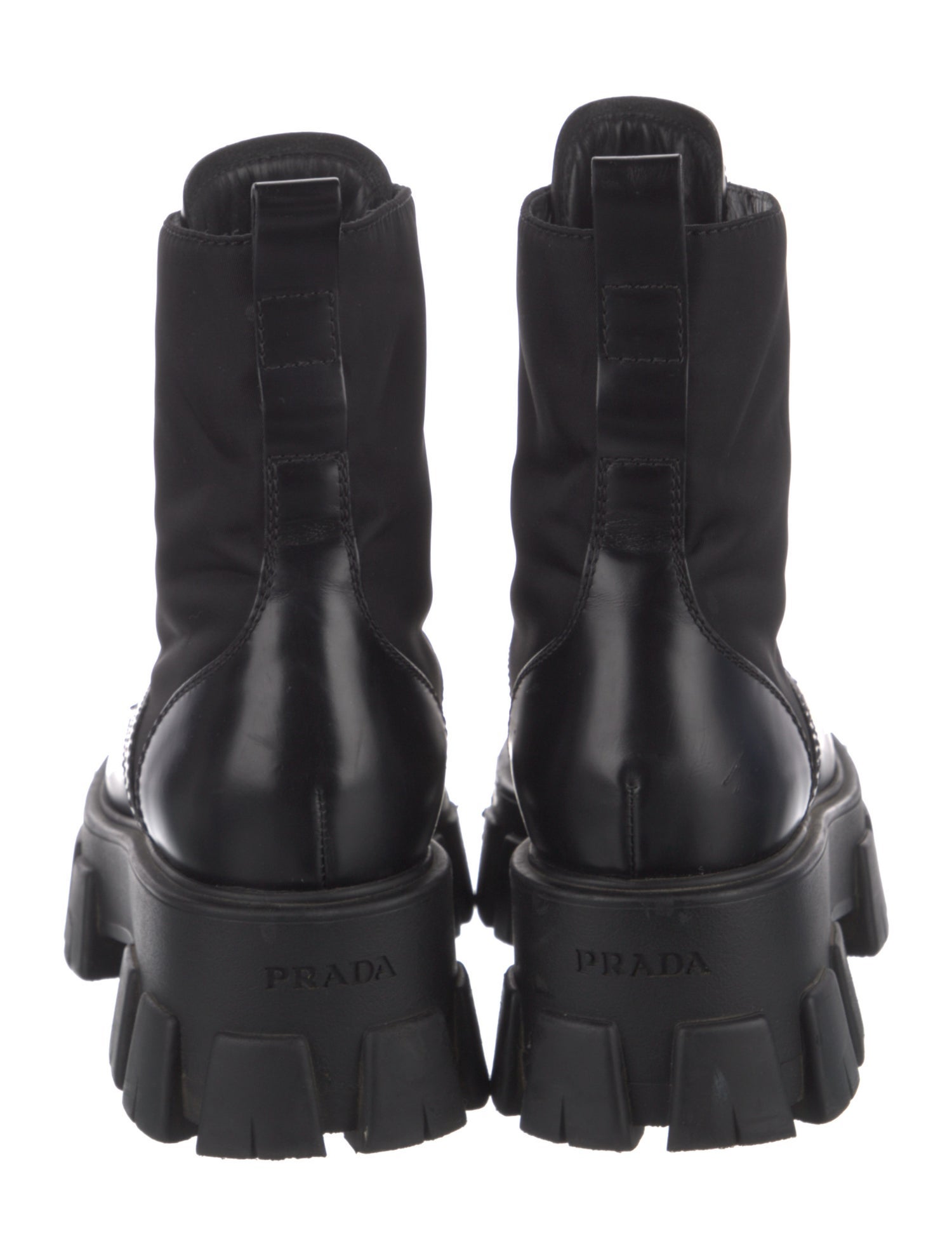 Prada Enameled Metal Triangle Leather Combat Boots